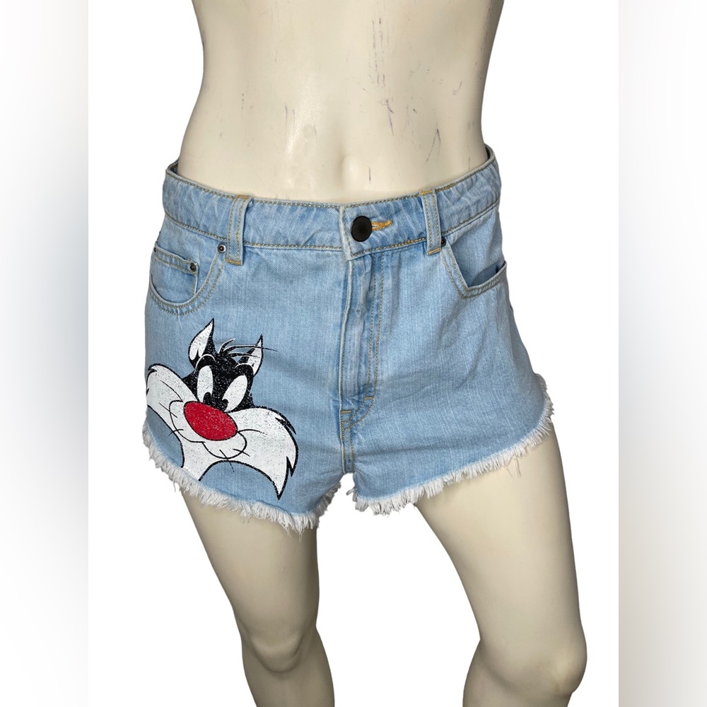 DIVIDED H&M LOONEY TUNES Sylvester Light Blue Denim Jean Short Shorts, 8